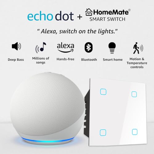 Amazon Echo Dot (5th Gen, White) Combo with HomeMate Wi-Fi Smart 4 Gang Touch Switch (White)