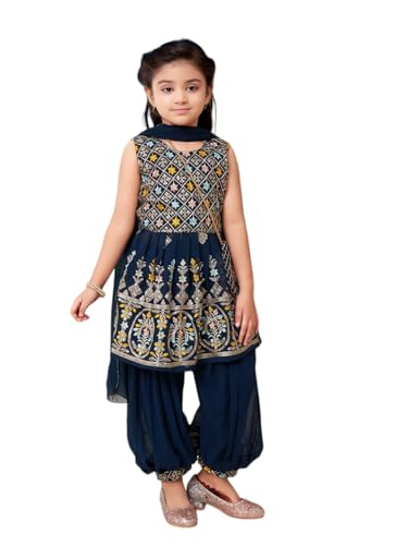 Aarika Girls Ethnic Wear Teal Blue Colour Thread Sequin Embroidery Georgette Kurti Patiala Set With Sling Bag (4-10 Years)