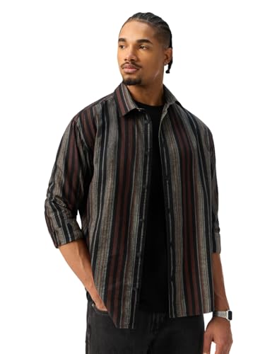 The Souled Store: Roman Men and Boys Long Sleeve Spread Collar Black Striped Lightweight Easy to Style Everyday Office Wear Casual Cotton Regular Shirt