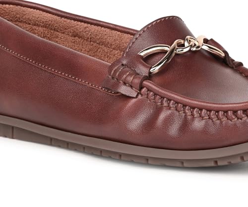LOUIS STITCH Women's Tan Premium Slip-On Loafers with Buckle | Elegant Solid Slip-On Comfort Shoes for Casual and Formal Wear | Slip-On Loafer Shoes for Women | LSLD-BLR-HS02 | UK-5