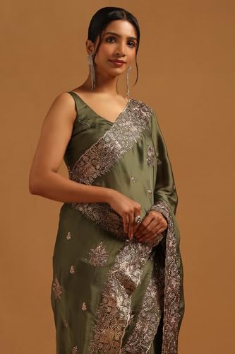 Soch Womens Green Fendy Chiffon Floral Saree With Stone Work