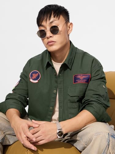 The Souled Store Official Top Gun: Flight Crew Men and Boys Long Sleeves Collared Neck Button Front Green Patch Embroidery Regular Fit Cotton Shirts