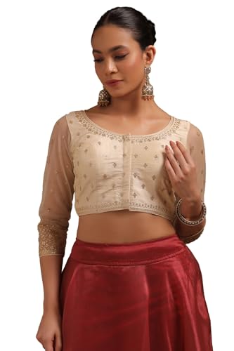 Soch Women's Tussar Embroidered Three Quarter Sleeves Regular Fit Blouse (BLFSJQD00739_Cream 40)