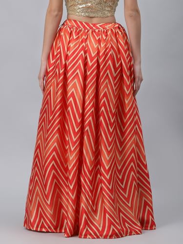 studio rasa Satin Chevron Print Bias Skirt for Wedding Festive Party (SKTC421RC19M_Red_Medium)