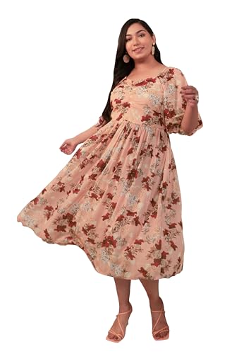 XL LOVE - By Janasya Women's Peach Georgette Floral Fit & Flare Dress(PL1035-DR-4XL)