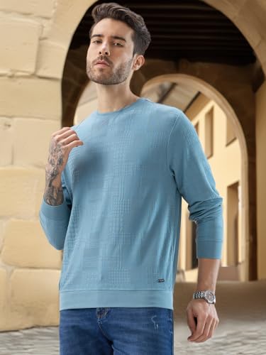 Status Quo Men's Geometric Textured Round Neck Full Sleeve Regular Fit T-Shirt | 50% Cotton 45% Polyester 5% Lycra | S.Blue | M Size