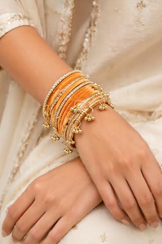 Shining Diva Fashion 20 Pcs Traditional Stylish Ghungroo Velvet Kashmiri Bangles Set for Women & Girls (rrsd17407b_2.8) (Bright Orange)