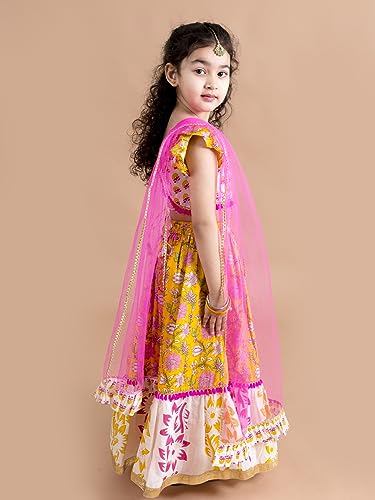 Pspeaches Girls Cotton Yellow White Printed Ready To Wear Readymade Lehenga Set Blouse With Dupatta (Yellow-7-8Y), 7-8 Years