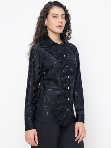 GUESS Eliana Shiny Crystal Slinky Jet Black Embellished Spread Collar Regular Fit Shirt