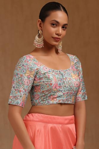 Soch Womens Powder Blue Art Silk Floral Print Padded Blouse with Zari