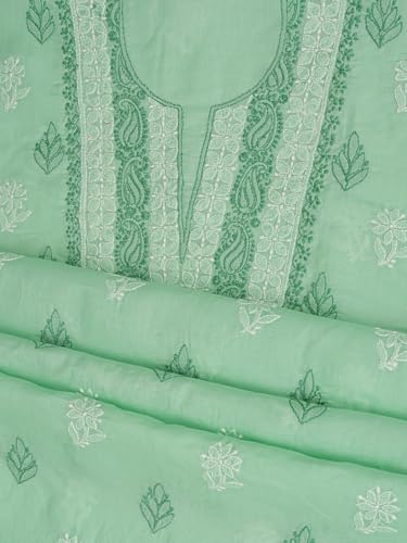Ada Hand Embroidered Lucknowi Chikankari Unstitched Cotton Dress Material Suit Piece with Dupatta for Women 01A873268 Sea Green