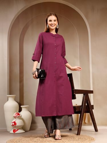 Pistaa's Women's Cotton Solid Readymade Salwar Suit Set (Wine, X-Large)