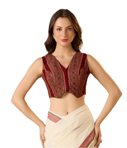S SALWAR STUDIO Waistcoat Pattern Ajrakh Sleeveless Readymade Blouse Maroon