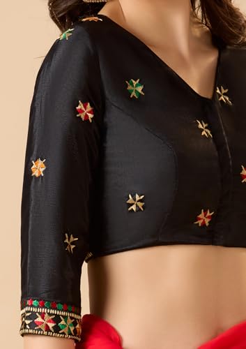 SALWAR STUDIO Black Chinon Silk V Neck Phulkari Readymade Blouse