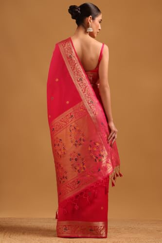 Soch Womens Fuchsia Tussar Zari Woven Bird Motifs Saree