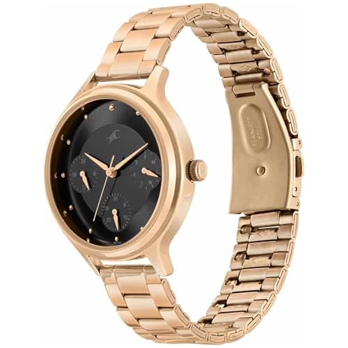 Fastrack Plain 3 Hands Black Dial Rose Gold Plating Stainless Steel Women's Watch - NT6285WM05