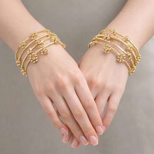 STREE STORE Gold Plated Kashmiri Bangles Bangle Set for Women & Girls | Western Style Ghungroo Design Gold Tone Bangles | Set of 8 (2.6)