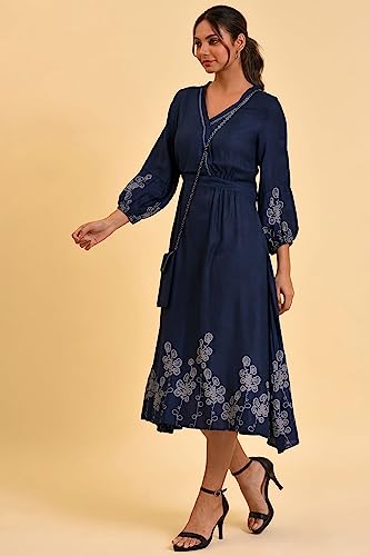 W for Woman Women's Rayon Blue Mock Layer Western Dress with Slim Bag Calf Length 23FEW18883-810412