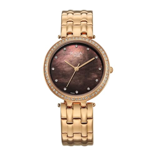 Titan Raga Allure with Brown Mother of Pearl Dial Rose Gold Fake Solid Strap Watch for Women - 2793WM01