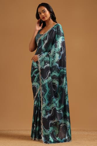 Soch Womens Blue Satin Abstract Saree With Stone Work