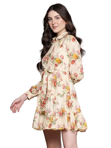 Label RITU KUMAR Collar Neck Full Sleeves Printed Short Dress with Belt Ecru