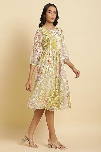 W for Woman Women's Polyester Multi-Coloured Breezy Sheer Printed Short Dress Calf Length 23AUW10126-120989_Multicolor