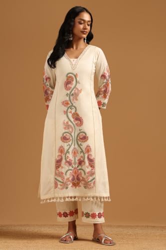 Soch Womens Off White Cotton Botanical Embroidered Salwar Suit