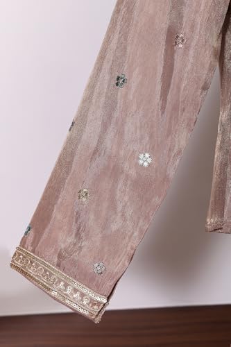 Aurelia Women's Rose Gold Embroidered Floral Zari Tissue A-line Crop Top with Skirt and Jacket Set - (AD10773-E609500-M)