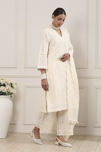 Biba Women Yellow Cotton Straight Suit Set_36
