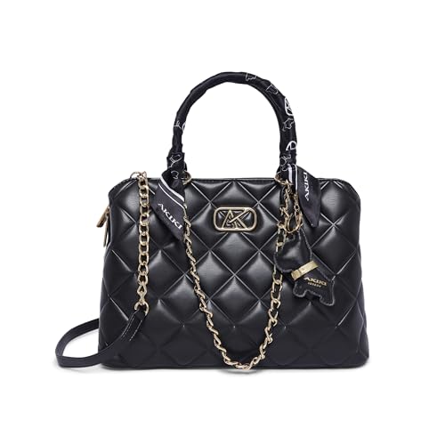 Akiki London Women's Waterloo 13 Satchel Handbag|Quilted Pattern|comes with Scarf and Dog Charm|Metal Detailling|Premium Office Handbag for Women