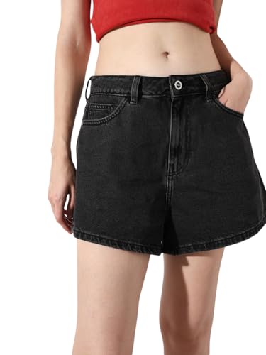 ONLY Women's Solid Loose Fit Mid-Rise Black Shorts