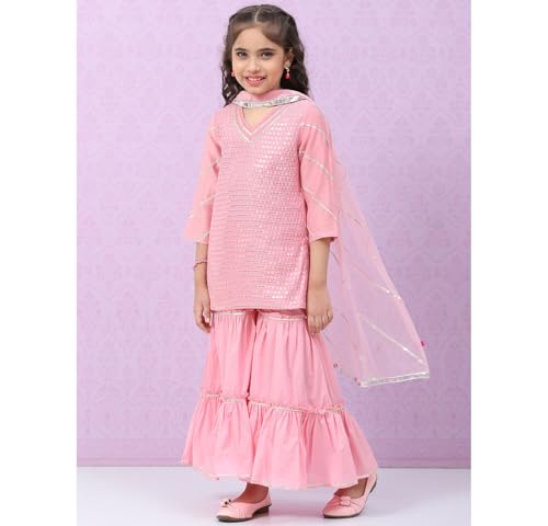 BIBA Girl's Cotton Embroidery Relaxed Kid (Kw4164_Pink_11, Kurta Sharara Set)