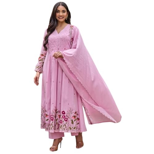 AVYUKTHA | Women Floral Embroidered Tiered Kurta with Palazzos & Dupatta | Thread Work Ethnic Set for Festive, Casual & Party Pink, Size- M