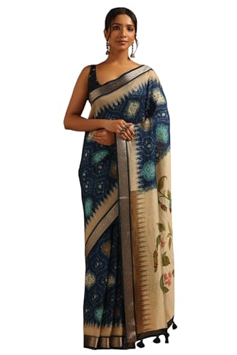 Soch Womens Blue Poly Viscose Botanical Saree