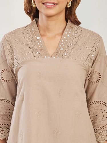 BIBA Embroidered Cotton Asymmetric Casual Kurta With Palazzo And Dupatta