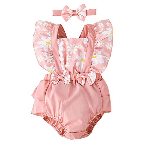 Hopscotch Girls Polyester Sleeveless Floral Print Bodysuit With Headband in Pink Color For Ages (2-3 years)
