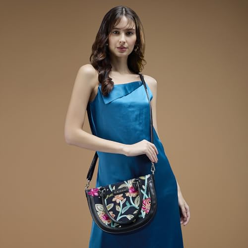 Caprese Elsa Medium Satchel Bag for Women with Adjustable & Detachable Strap | Elegant Embroidery Faux Leather Handbag | Multi-Compartment Crossbody Shoulder Bag for Special Occasions (Black)