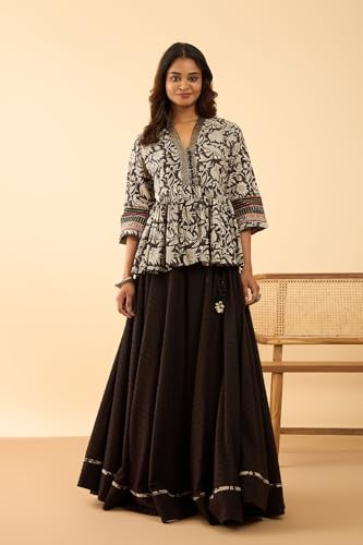 Taneira Women Black Pure Cotton Rajasthan Embroidered Lehenga (LEAM72BKS-Black-S)