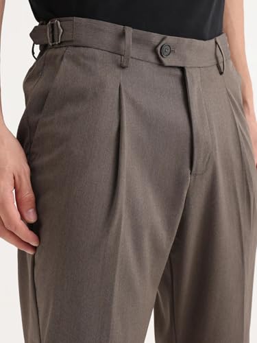 RARE RABBIT Men's Naji Dark Brown Cotton Blend Plain Relaxed Fit Trouser