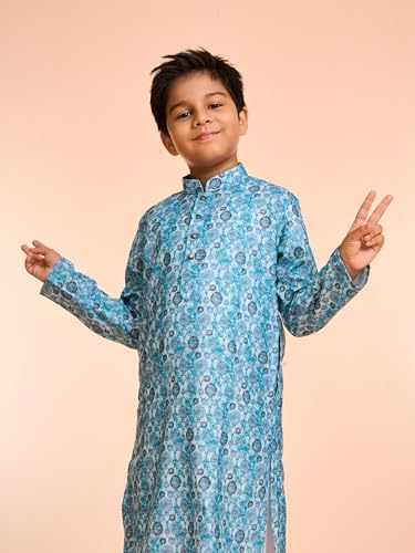 Manyavar Boys Blended Cotton Jaal Pattern Printed Kurta Pyjama Set (Turquoise Blue,2-3Y)