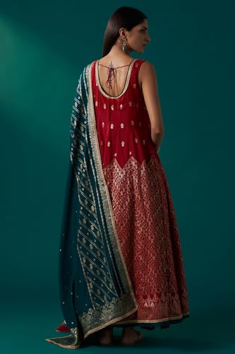 Wishful Women's Red Zari Embroidered Jacquard Anarkali Sleeveless Kurta with Churidar and Dupatta Set (SP13162-314304-L)