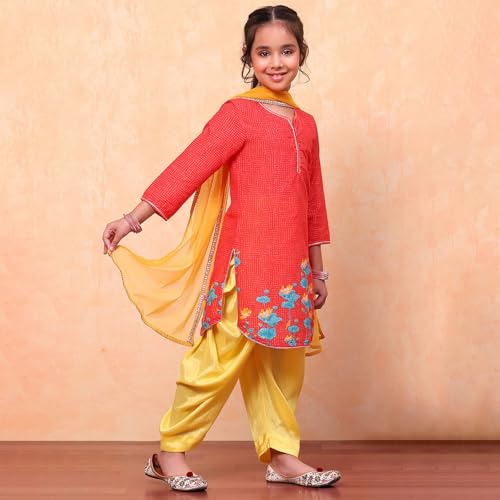 BIBA Girl's Cotton Printed Relaxed Kid Salwar Suit Set (Kw3535_Redyellow_7) 6 Years-7 Years