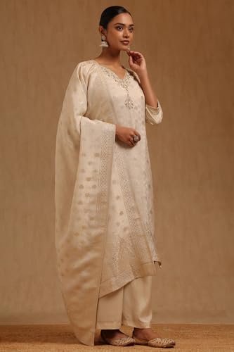 Soch Womens Off White Tissue Zari Woven Suit Set With Sequins