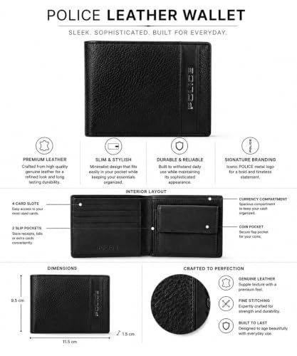 Police Men's Genuine Leather Bifold Wallet with Coin Pocket | 4 Card Slots
