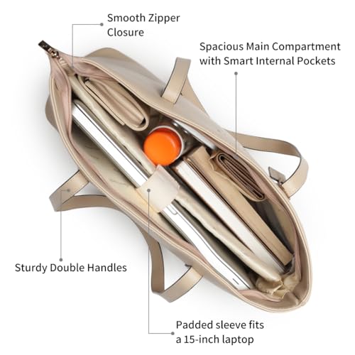 Fastrack Pebble Play Laptop Tote | Beige Faux-Leather Tote Bag for Women | 15-Inch Laptop Compatible | Gold Hardware Finish with Double Handles, Zipper Closure & Organised Storage