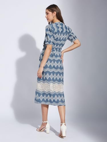 Latin Quarters Women's Blue V-Neck Half Sleeves Embroidery Casual Shirt Dress_XL