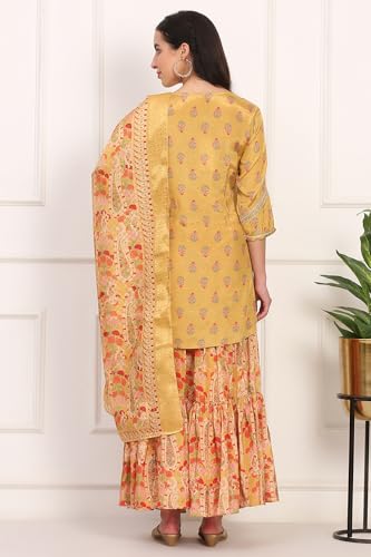 W for Woman Yellow Floral Print Zari Embroidered Straight Shantung Kurta with Sharara and Dupatta Set (WS11769-125062-L)