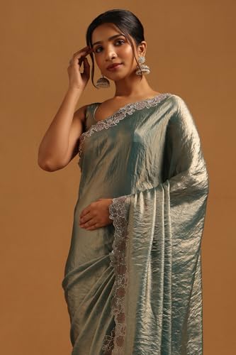 Soch Womens Light Teal Fendy Organza Saree With Swarovski Stone