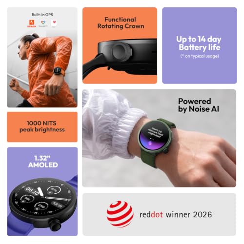 Noise Alt Watch 1 Smart Watch 1.32” AMOLED Display, Built-in GPS, AI Suite, Functional Rotating Crown, 1000NITS Brightness, Upto 14 Days Battery - Chosen Black