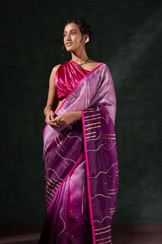 Taneira Women Purple Pure Organza Printed Embroidery Saree with Unstitched Blouse Piece (SABGMQPOO0101-Purple)